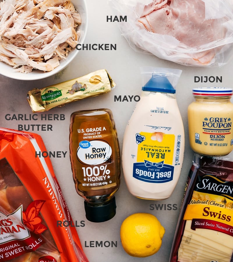 These Chicken Cordon Bleu Sliders pack a serious flavor punch! Recipe via chelseasmessyapron #dinner #quick #easy #simple #familyfriendly #kidfriendly #onepan #appetizer #chickencordonbleu #sliders Ingredient shot-- image of all the ingredients used in this dish