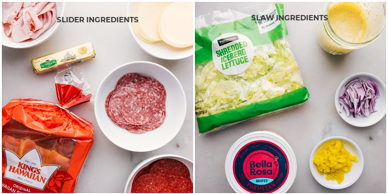 These delicious Grinder Sliders offer bold and robust flavors from the savory combination of salami, pepperoni, and ham complemented by the rich and creamy melted Provolone cheese, all nestled within sweet Hawaiian rolls. The sliders are topped with a fresh and tangy sub slaw, featuring crisp iceberg lettuce, zingy banana peppers, and a sharp, bright dressing, offering a burst of flavors in every bite. Recipe via chelseasmessyapron #lunch #quick #easy #simple #familyfriendly #kidfriendly #comfortfood #turkey #pepperoni #grinder #sliders Process shots-- images of all the ingredients used in this dish