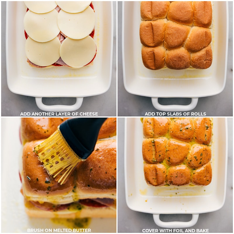 Grinder Sliders! The sliders are topped with a fresh and tangy sub slaw, featuring crisp iceberg lettuce, zingy banana peppers, and a sharp, bright dressing, offering a burst of flavors in every bite. Recipe via chelseasmessyapron #lunch #quick #easy #simple #familyfriendly #kidfriendly #comfortfood #turkey #pepperoni #grinder #sliders Process shots-- images of the roll layer being added on and the melted butter being brushed on top
