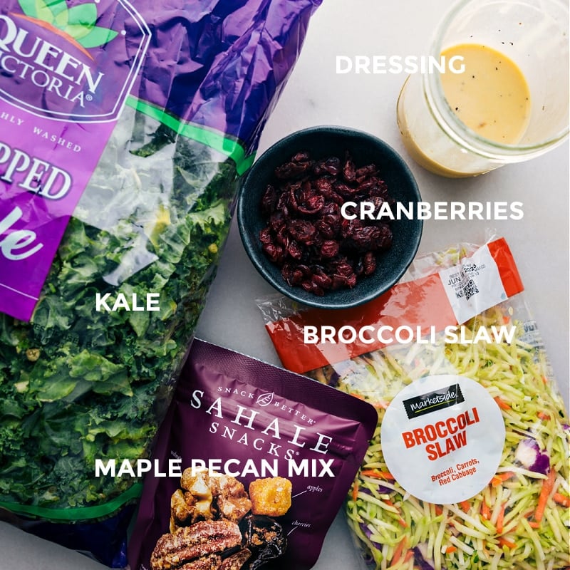 This vibrant Kale Cranberry Pecan Salad combines crunchy kale and broccoli slaw with tart dried cranberries and nutty, sweetened maple pecans. Enjoy this salad as a light standalone meal or pair it with your choice of protein for a heartier dish. Recipe via chelseasmessyapron #healthy #quick #easy #simple #cleaneating #sidedish #kale #cranberry #pecan #salad Ingredient shot-- image of all the ingredients used in this recipe