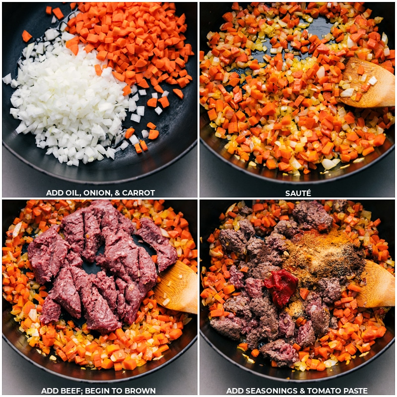 This Middle Eastern Ground Beef Bowl boasts a delicious blend of warming spices that harmonize beautifully with the savory ground beef, providing a deep, rich flavor profile. Recipe via ChelseasMessyApron.com #groundbeef #beef #middleeastern #israel #mintyogurt #mint #warmspices Process shots: Sauté onion and carrot in oil; add beef, then seasonings and tomato paste