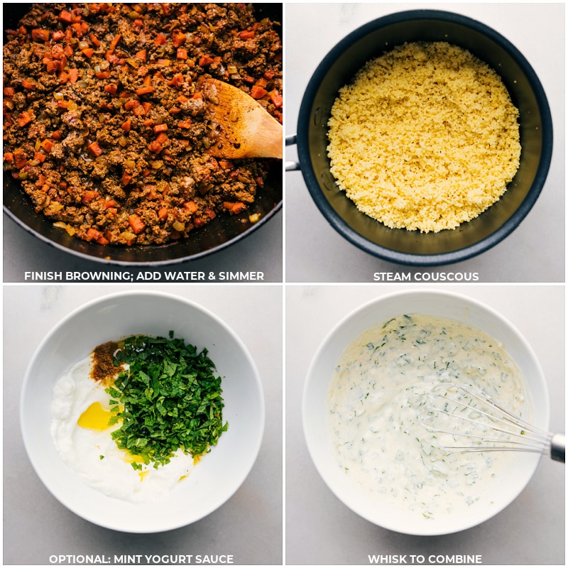 This Middle Eastern Ground Beef Bowl is restaurant-quality and can be made in around 30 minutes or less! Recipe via ChelseasMessyApron.com #groundbeef #beef #middleeastern #israel #mintyogurt #mint #warmspices Process shots: Finish browning, add water, and simmer; steam couscous; make mint yogurt sauce