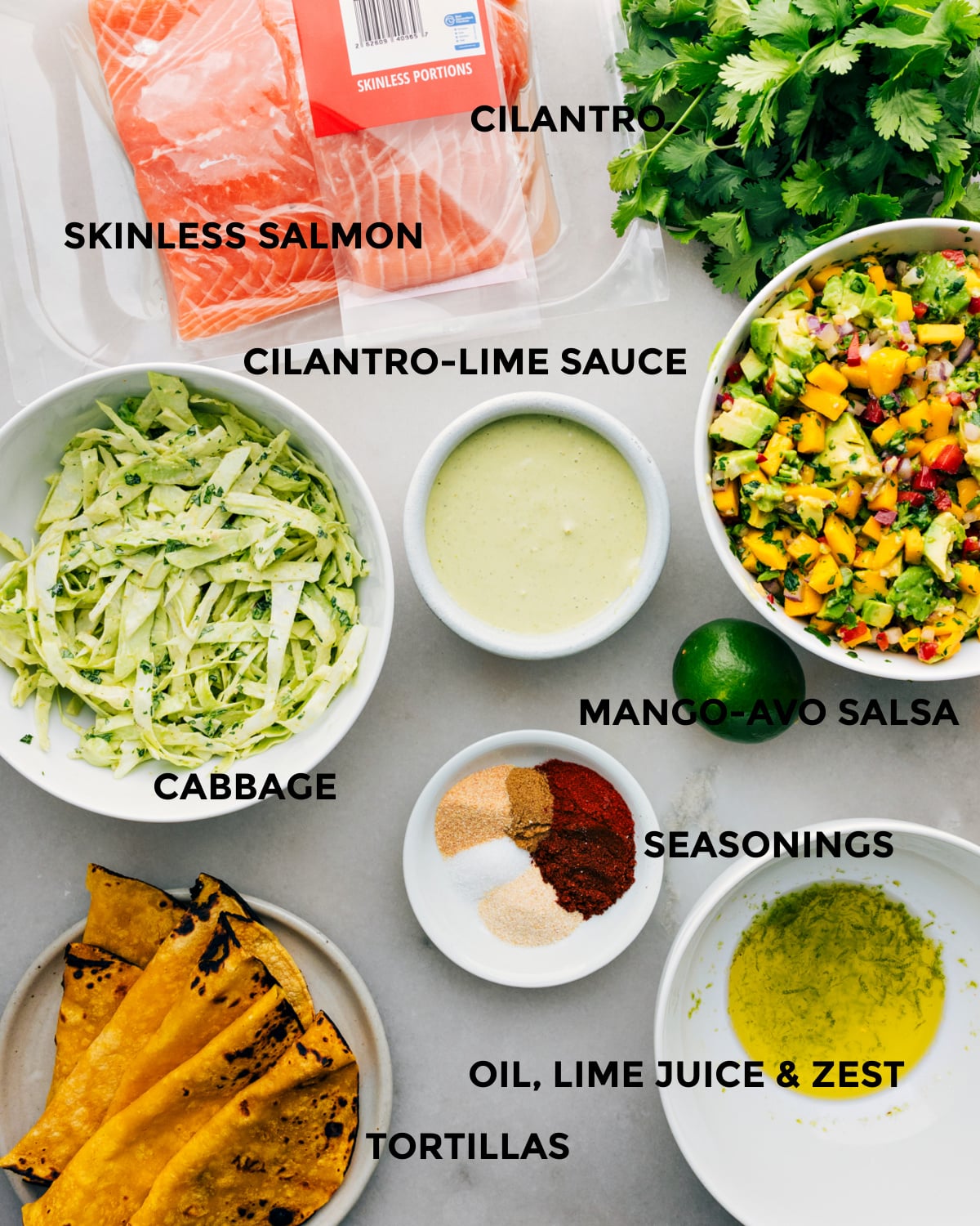 Ingredients In Salmon Tacos All the ingredients in this recipe prepped out for easy assembly.