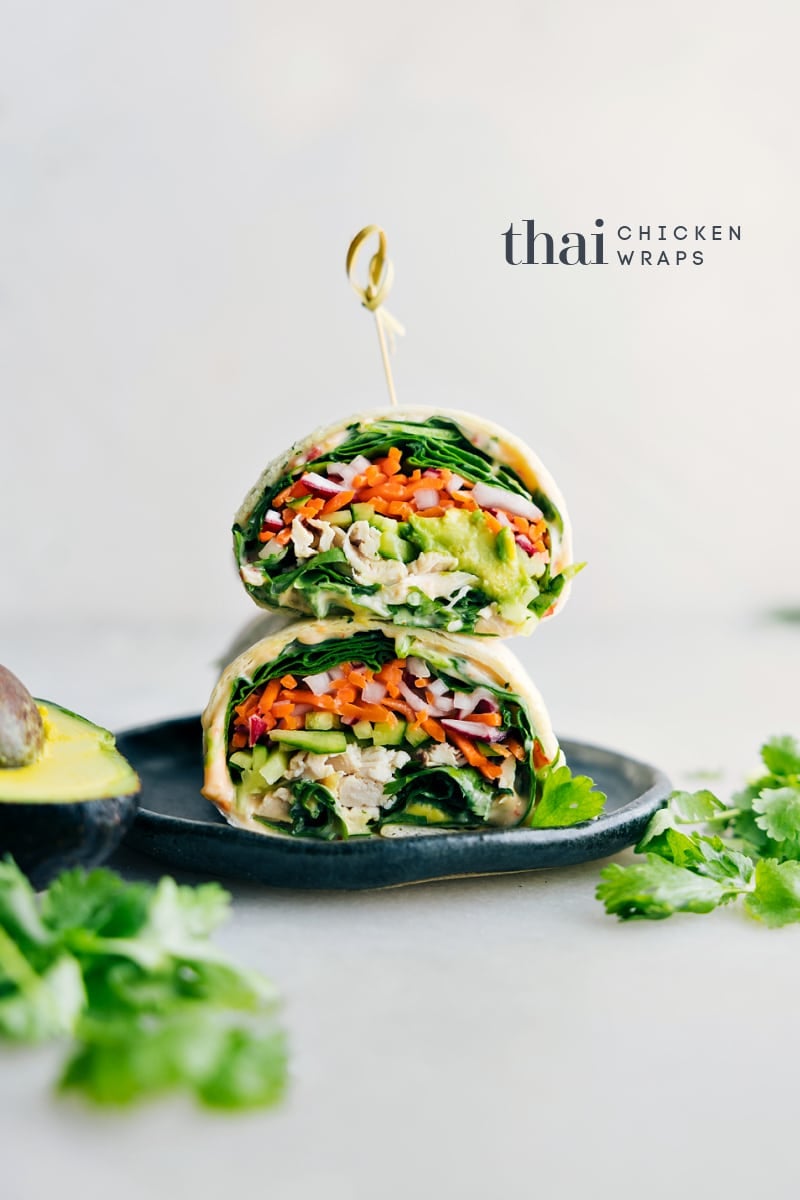 Thai Chicken Wraps on a plate ready to be enjoyed.