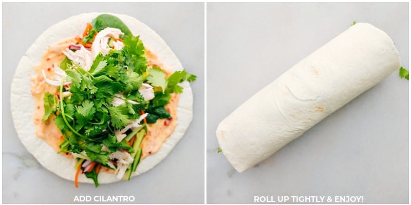 These amazing Thai Chicken Wraps are a flavor explosion! We combine tender shredded chicken, crunchy quick-pickled veggies, creamy avocado, and a tangy-sweet chili sauce, all wrapped in a soft flour tortilla. Recipe via chelseasmessyapron #lunch #quick #easy #simple #familyfriendly #healthy #wholefoods #healthyeating #healthylifestyle #thai #chickenwraps The tortilla being wrapped tightly for these Thai Chicken Wraps.