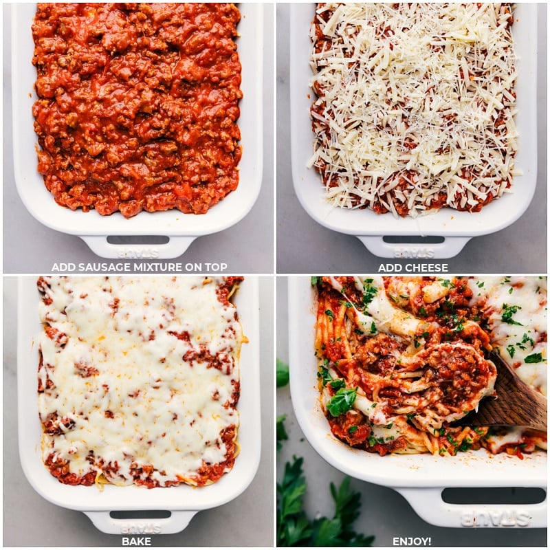 This amazing TikTok Spaghetti is a layered delight with robust flavors - pasta is first tossed in a creamy Alfredo sauce boasting notes of garlic and Parmesan, then topped with a hearty layer of Italian sausage in rich marinara sauce. The dish is crowned with melted mozzarella and Parmesan, resulting in a combination of creamy and savory flavors with a cheesy finish. This dish is perfect for a hearty, satisfying meal. Recipe via chelseasmessyapron #dinner #quick #easy #simple #familyfriendly #kidfriendly #comfortfood #casserole #onepan #tiktok #spaghetti Process shots of TikTok Spaghetti-- images of the sausage and cheese being layered on the spaghetti and it all being baked