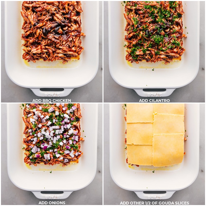 These BBQ Chicken Sliders combine juicy BBQ chicken, melty Gouda cheese, and sweet Hawaiian rolls, all jazzed up with a pop of onion and cilantro. The rolls are brushed with garlic-herb butter that gives these sliders a beautiful crispy and golden exterior. Recipe via ChelseasMessyApron.com #BBQ #BBQchicken #sliders #hawaiianrolls #quick #easy Process shots: Add chicken to the cheese and buns; add cilantro, onions, and more cheese.