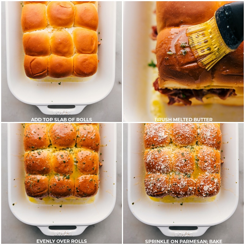 These BBQ Chicken Sliders combine juicy BBQ chicken, melty Gouda cheese, and sweet Hawaiian rolls, all jazzed up with a pop of onion and cilantro. The rolls are brushed with garlic-herb butter that gives these sliders a beautiful crispy and golden exterior. Recipe via ChelseasMessyApron.com #BBQ #BBQchicken #sliders #hawaiianrolls #quick #easy Process shots: Add the top slab of rolls, brush butter evenly over all and sprinkle on Parmesan cheese; bake till browned.
