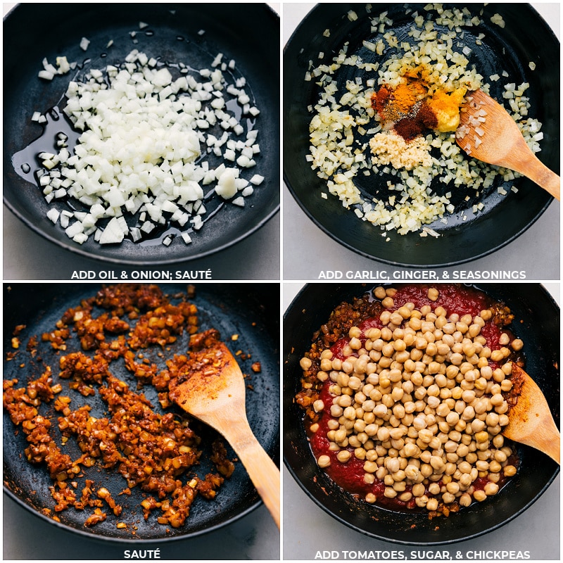 This delicious Butter Chickpeas dish puts a fun twist on the classic "Butter Chicken", swapping in chickpeas for chicken as a delicious plant-based alternative. Recipe via chelseasmessyapron #dinner #quick #easy #simple #familyfriendly #kidfriendly #20minutedinner #indianfood #butter #chickpeas Process shots of Butter Chickpeas-- images of the onion, garlic, ginger, seasonings, tomatoes, sugar, and chickpeas being added to the pot