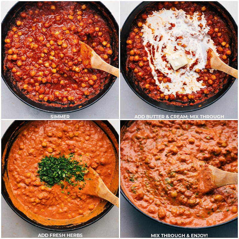 This Butter Chickpeas dish puts a fun twist on the classic "Butter Chicken"! This dish delivers a total flavor explosion, blending smoky paprika with warm spices in a creamy tomato base; it's so good, you'll want seconds with your rice and naan! Recipe via chelseasmessyapron #dinner #quick #easy #simple #familyfriendly #kidfriendly #20minutedinner #indianfood #butter #chickpeas Process shots-- images of the butter, cream, and fresh herbs being added to the pot and it all being cooked together