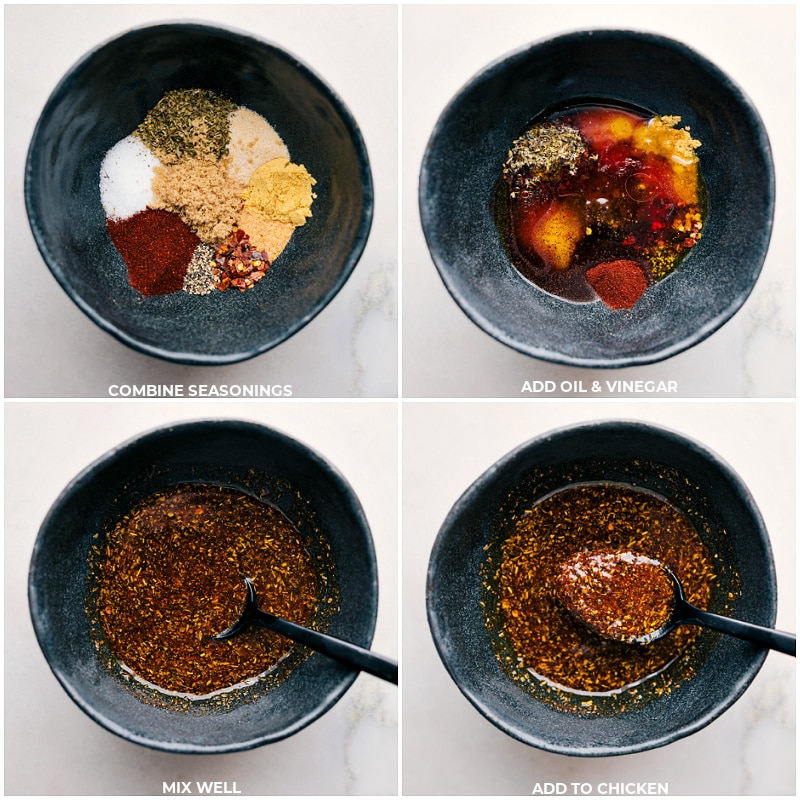 This is the BEST Chicken Rub! Get ready for mouthwatering, flavorful, and succulent grilled chicken that's so good, you'll be craving more after just one bite! This rub combines Italian spices, smoky paprika, a touch of brown sugar, and a little heat from red pepper flakes to create a total flavor explosion! Recipe via ChelseasMessyApron.com #chickenrub #rub #spicerub #grilling #chicken #herbs Assembling and combining the ingredients for the chicken rub recipe.