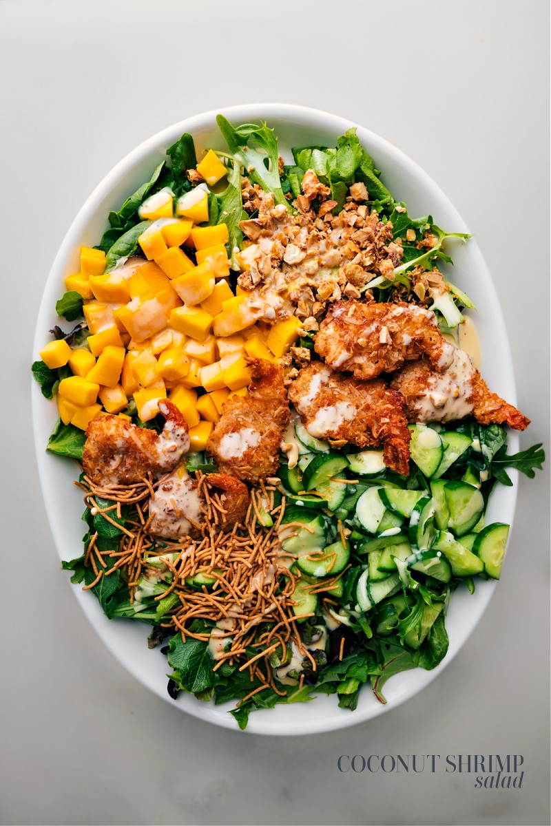 This Coconut Shrimp Salad combines crispy, crunchy coconut shrimp with sweet honey mango and a citrusy orange-honey dressing, all layered over fresh greens and crunchy toppings. It's a burst of tropical bliss and couldn't be quicker to make! Recipe via ChelseasMessyApron.com #shrimp #crispy #chowmeinnoodles #mango #clementines #salad #quick #easy #backtoschool Overhead view of Coconut Shrimp Salad