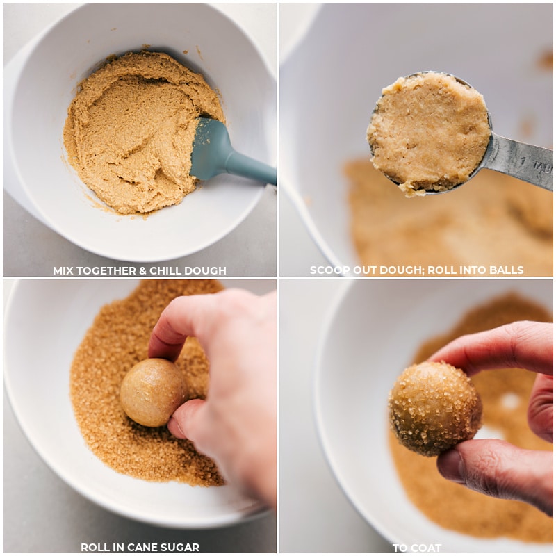 Healthy Sugar Cookiesโa delicious twist on the beloved classic! Recipe via chelseasmessyapron #dessert #best #quick #easy #simple #treat #sugarfree #healthy #sugar #cookies Process shots of Healthy Sugar Cookies-- images of the dough being chilled and rolled into balls