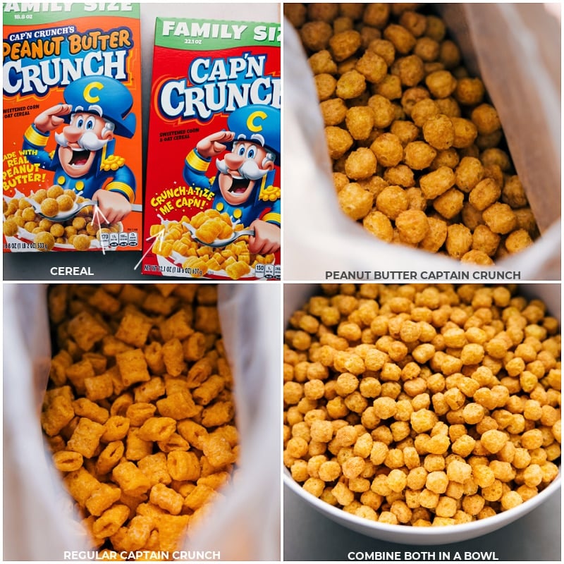 This Peanut Butter Puppy Chow is the snack mix of the century! Toss in extras like Reese's minis and peanut butter chips, and you've got yourself a treat that's insanely tasty, addictively crunchy, and utterly irresistible! Recipe via chelseasmessyapron #dessert #best #quick #easy #simple #treat #nobake #snack #chocolatechips #peanutbutter #puppychow Process shots of Peanut Butter Puppy Chow-- images of the cereal being combined in a bowl