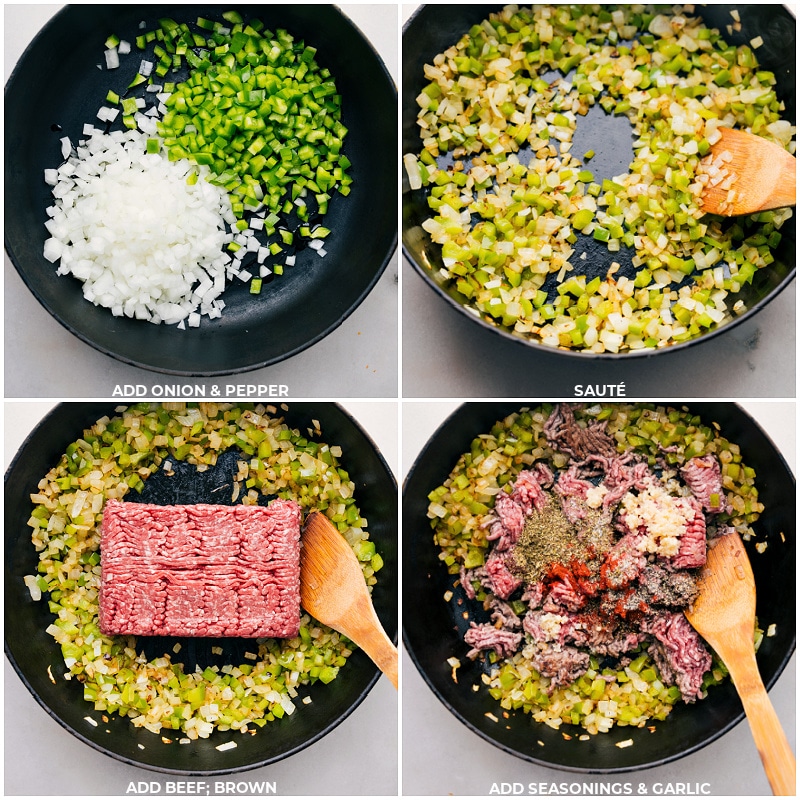 These delicious Philly Cheesesteak Sloppy Joes blend juicy ground beef with a kick of A1 and Worcestershire sauce, a touch of sweetness from ketchup and the melt-in-your-mouth creaminess of provolone cheese, all held together by a buttery toasted brioche bun. It's a fun mash-up of two American faves! Recipe via chelseasmessyapron #dinner #quick #easy #simple #best #familyfriendly #kidfriendly #groundbeef #phillycheesesteak #sloppyjoes Onion, pepper, beef, seasonings, and garlic all being sautรฉed for Philly Cheesesteak Sloppy Joes.