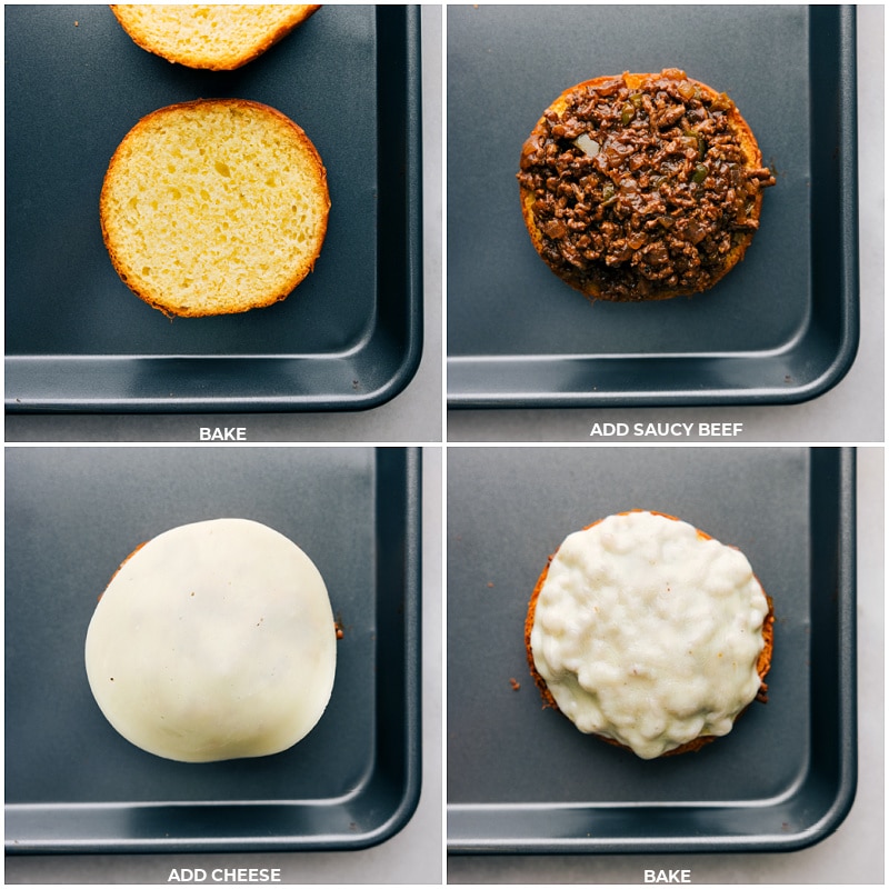 Philly Cheesesteak Sloppy Joes blend juicy ground beef with a kick of A1 and Worcestershire sauce, a touch of sweetness from ketchup and the melt-in-your-mouth creaminess of provolone cheese, all held together by a buttery toasted brioche bun. It's a fun mash-up of two American faves! Recipe via chelseasmessyapron #dinner #quick #easy #simple #best #familyfriendly #kidfriendly #groundbeef #phillycheesesteak #sloppyjoes Process shots of Philly Cheesesteak Sloppy Joes- images of the beef and cheese being added to the buns and it all being baked