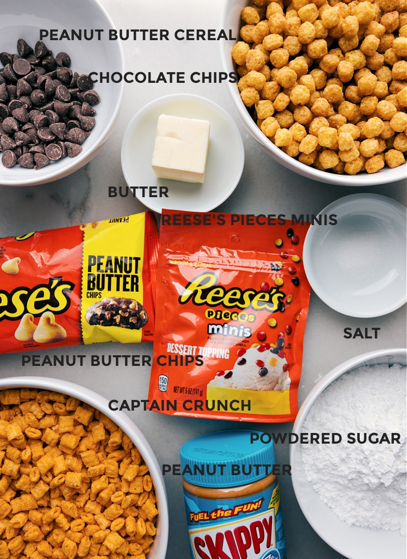 Think peanut buttery crunchy cereal mixed with sweet, melty chocolate and all covered in powdered sugar. Toss in extras like Reese's minis and peanut butter chips, and you've got yourself a treat that's insanely tasty, addictively crunchy, and utterly irresistible! Recipe via chelseasmessyapron #dessert #best #quick #easy #simple #treat #nobake #snack #chocolatechips #peanutbutter #puppychow Ingredient shot-- image of all the ingredients used in this recipe