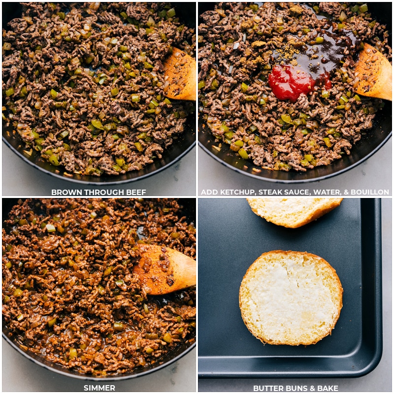 These amazing Philly Cheesesteak Sloppy Joes blend juicy ground beef with a kick of A1 and Worcestershire sauce, a touch of sweetness from ketchup and the melt-in-your-mouth creaminess of provolone cheese, all held together by a buttery toasted brioche bun. It's a fun mash-up of two American faves! Recipe via chelseasmessyapron #dinner #quick #easy #simple #best #familyfriendly #kidfriendly #groundbeef #phillycheesesteak #sloppyjoes Process shots-- images of the ketchup, steak sauce, water, and bouillon being added to the beef. Then the buns being buttered and browned in the oven.