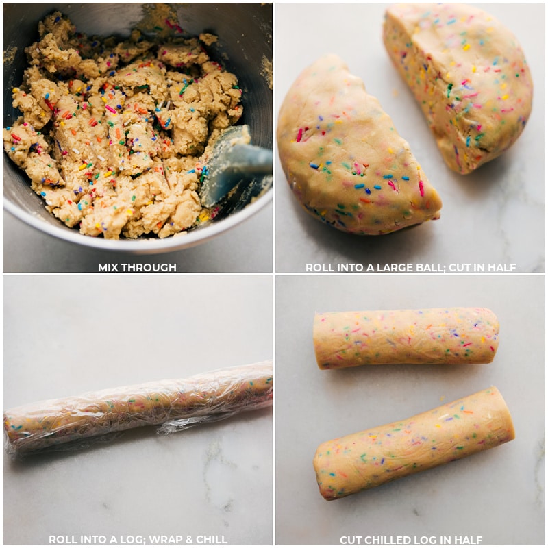 Our favorite Slice and Bake Cookies are deliciously buttery, with a sweet kick, plus a hint of vanilla extract. They're dotted with fun, colorful sprinkles, and if you're feeling it, drizzled in lush white chocolate which adds an extra layer of creamy sweetness. Recipe via chelseasmessyapron #dessert #best #quick #easy #simple #treat #sliceandbake #cookies Process shots-- images of the dough being rolled into a log and wrapped and chilled