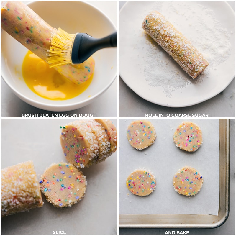 These Slice and Bake Cookies are deliciously buttery, with a sweet kick! They're dotted with fun, colorful sprinkles, and if you're feeling it, drizzled in lush white chocolate which adds an extra layer of creamy sweetness. Recipe via chelseasmessyapron #dessert #best #quick #easy #simple #treat #sliceandbake #cookies Process shots of slice and bake cookies- images of the dough log being brushed with egg and then rolled in coarse sugar and sliced into thin disc to be baked