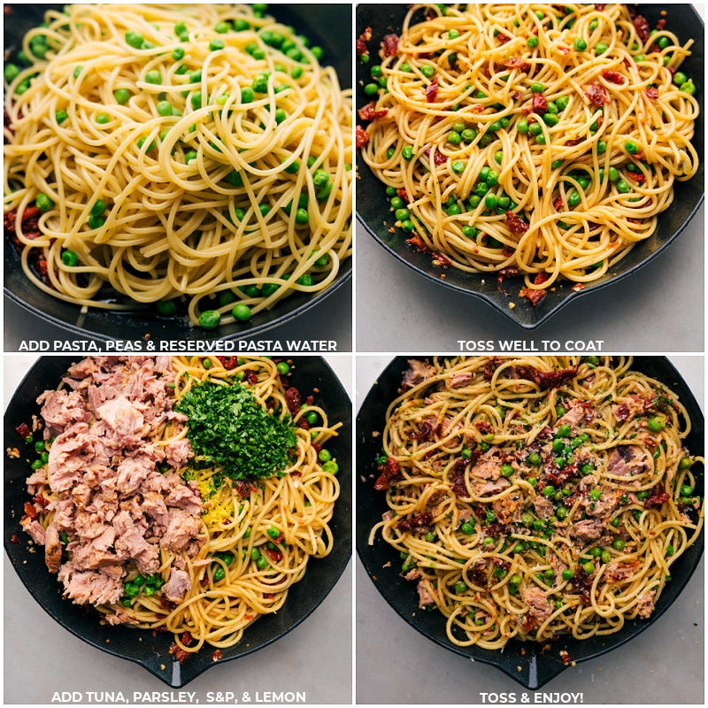 Finalizing Healthy Tuna Pasta Salad Combining cooked pasta and peas with pasta water in a pan, tossing to coat, then adding tuna, parsley, salt, pepper, and lemon, completing the healthy tuna pasta salad recipe.