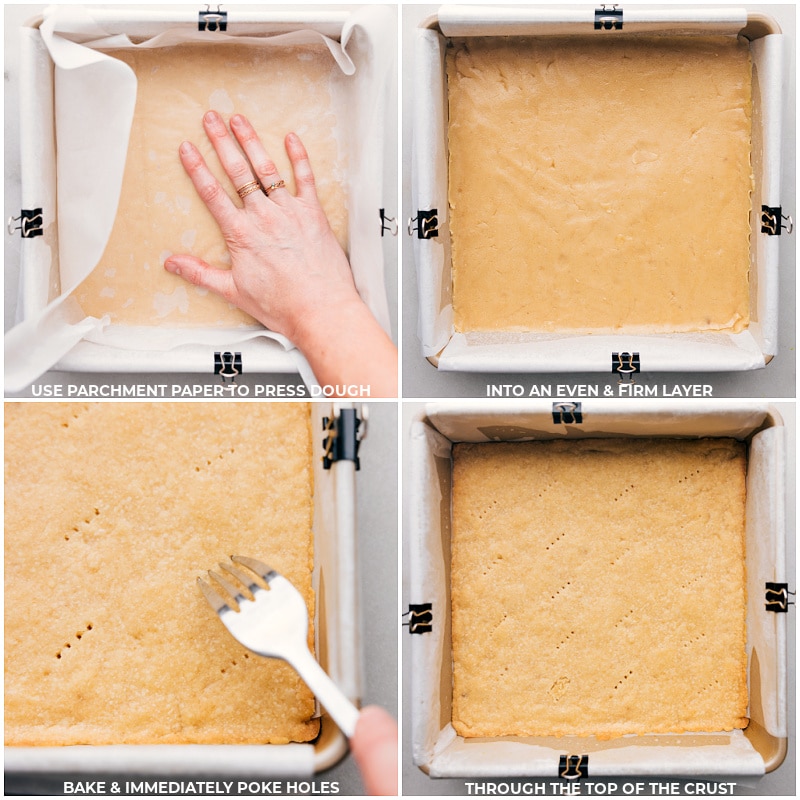 This Twix Bars recipe is all about irresistible layers - think buttery shortbread base, gooey vanilla-kissed caramel in the middle, and a rich chocolate topping. It's a sweet treat that's like the classic candy bar, but even better because you make it yourself! Recipe via chelseasmessyapron #dessert #best #quick #easy #simple #familyfriendly #treat #shortbread #caramel #twixbars Process shots of Twix Bars-- images of the shortbread crust being baked