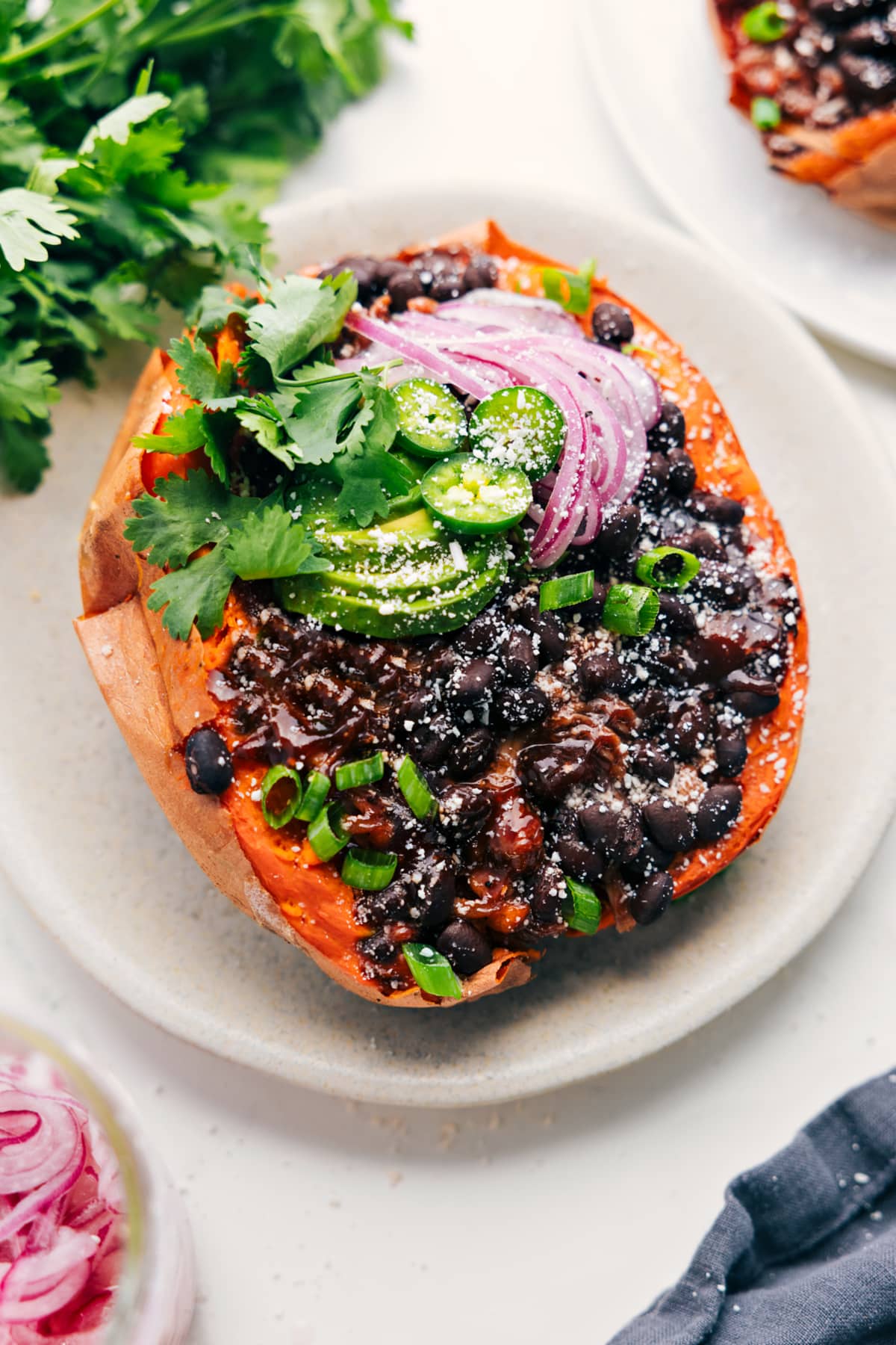 This mouth-watering BBQ Chicken Sweet Potato recipe is perfect for a nutritious lunch or dinner. This dish is packed with juicy rotisserie chicken, creamy avocado, and tangy pickled red onions, all nestled inside a soft and sweet sweet potato. Recipe via chelseasmessyapron #dinner #quick #easy #simple #familyfriendly #kidfriendly #lowcarb #healthy #cleaneating #bbq #chicken #potatoes