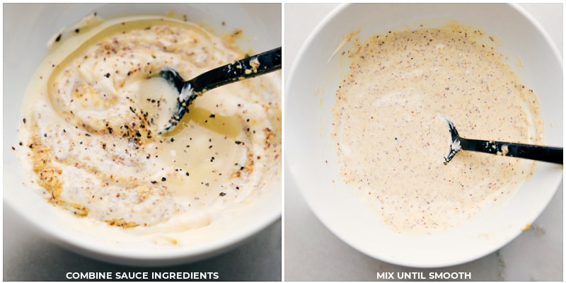 Cabbage, Potatoes, and Sausage! It's a hearty and flavorful one-pan wonder that's bursting with flavor and so easy to make! Recipe via chelseasmessyapron #dinner #quick #easy #healthy #onepan #cleaneating #wholefoods #cabbage #potatoes #sausage Process shots of Cabbage, Potatoes, and Sausage-- images of the Dijonese being made