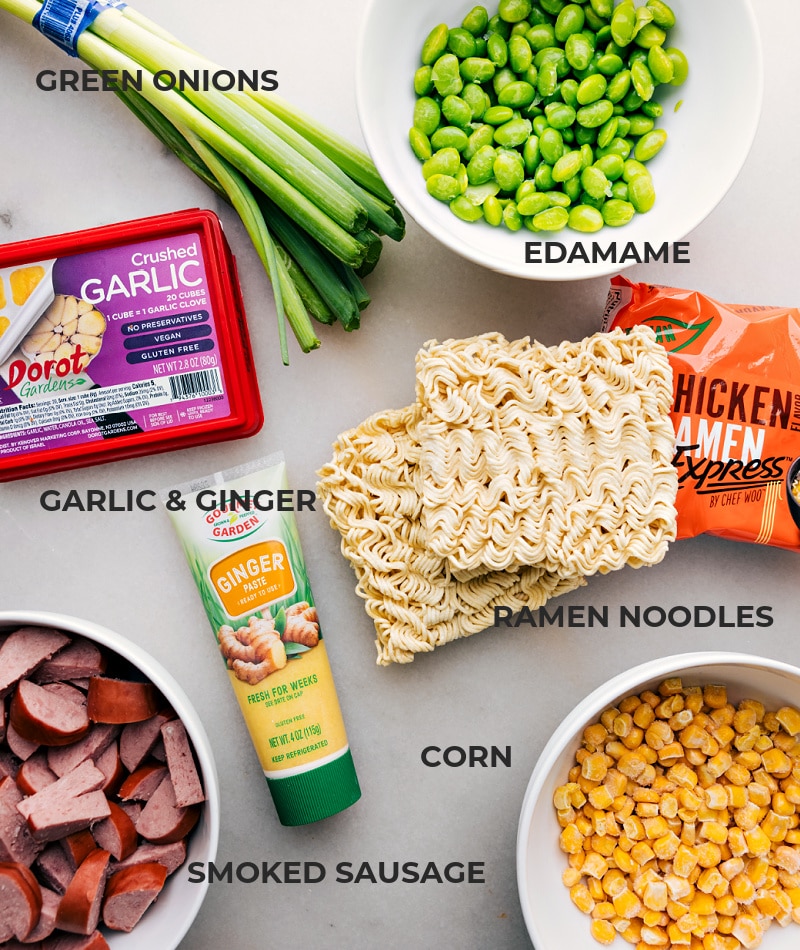 Foil Pack Ramen Noodles recipe is an explosion of flavors, all conveniently packed into a single foil package. Recipe via chelseasmessyapron #dinner #quick #easy #simple #familyfriendly #kidfriendly #easycleanup #camping #campingfood #foilpack #ramennoodles Ingredient shot-- image of all the ingredients used in this dish