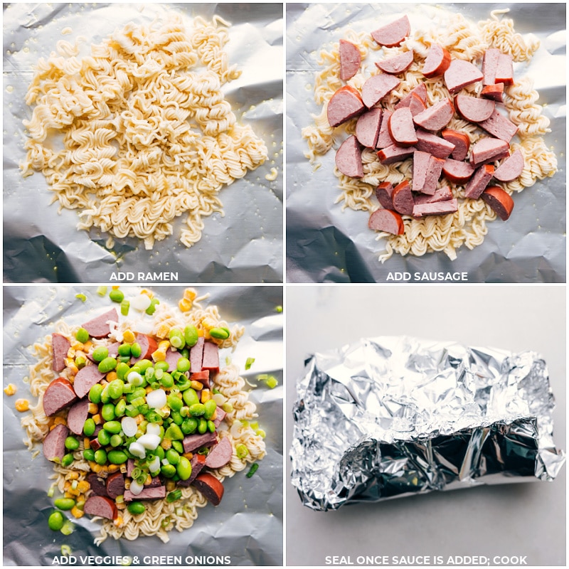 Foil Pack Ramen Noodles recipe is an explosion of flavors! The dish unites the umami-rich, spicy, and slightly sweet notes of a quick homemade stir-fry sauce with the smokiness of sausage, freshness of veggies, and the comforting familiarity of ramen noodles.ย Recipe via chelseasmessyapron #dinner #quick #easy #simple #familyfriendly #kidfriendly #easycleanup #camping #campingfood #foilpack #ramennoodles Process shots-- images of the ramen, sausage, veggies, and green onions being added to foil and it all being wrapped up
