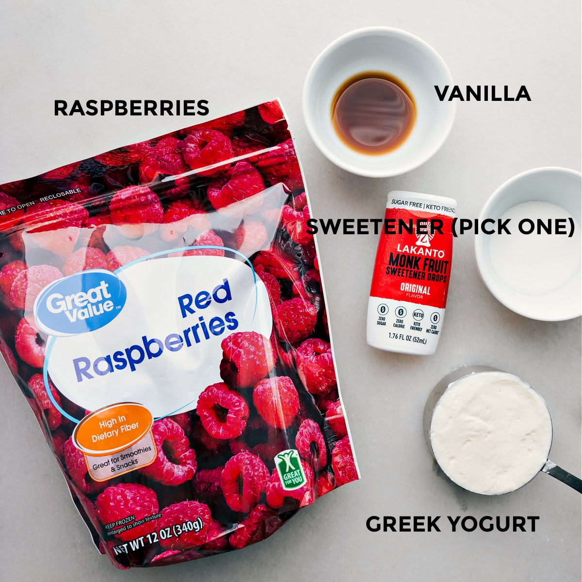 Ingredients In Delicious Raspberry Frozen Yogurt Recipe All the ingredients in this recipe prepped out for easy assembly.