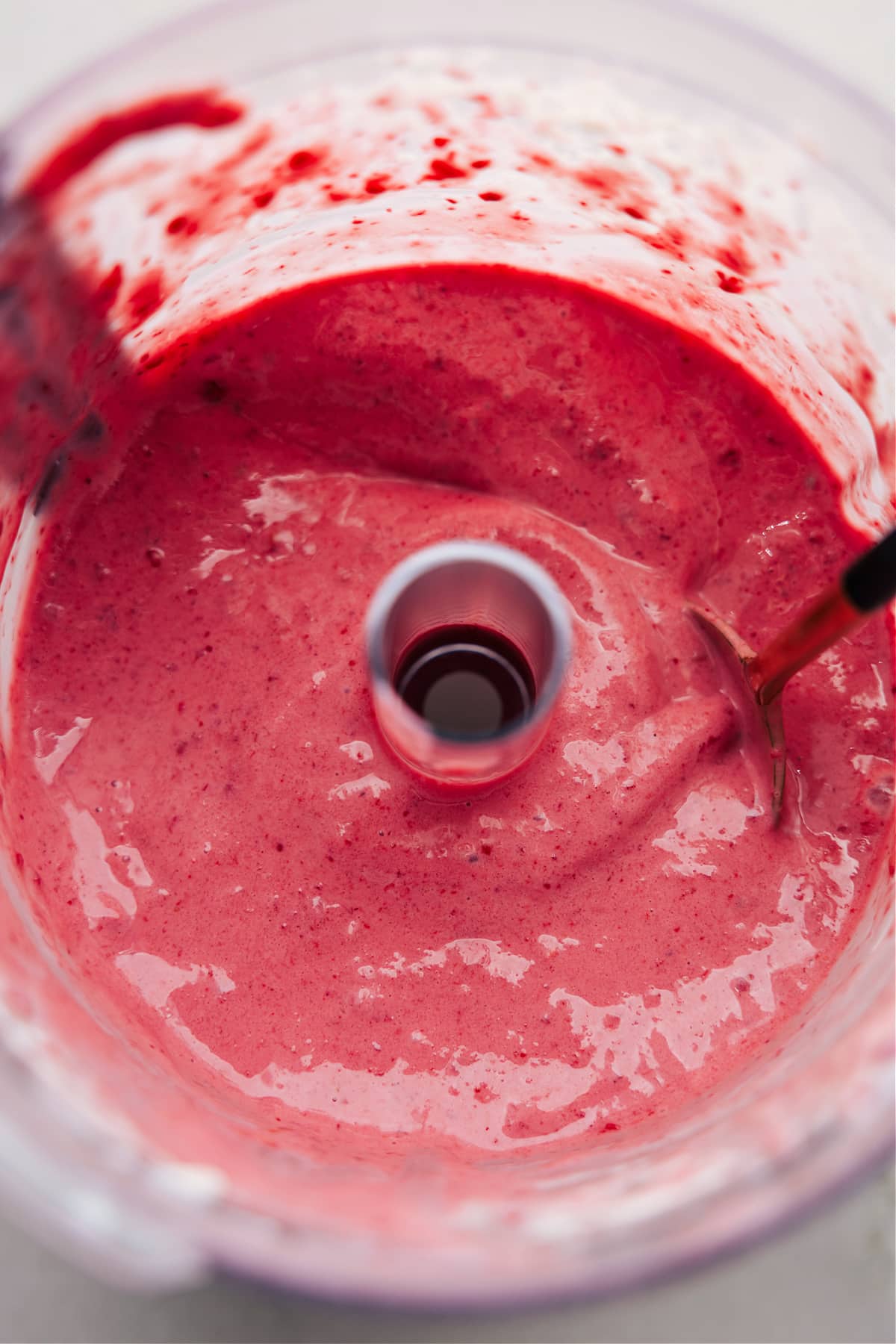 Favorite Frozen Yogurt Recipe Being Made In Food Processor The blended ingredients in a food processor ready to be served.