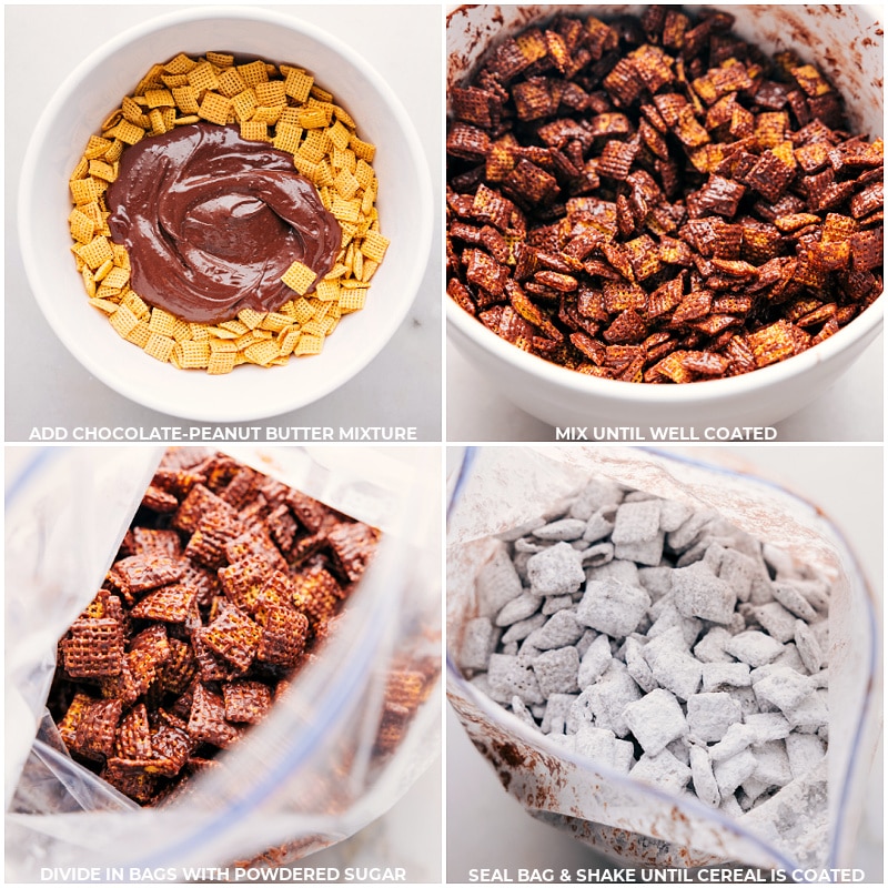 These Goblin Goodies (Halloween Muddy Buddies) are a fun Halloween treat, bursting with rich flavors of chocolate and peanut butter, complemented by the crunch of cereal, Oreos, and M&M's. It's a sPoOky and delicious snack mix you won't want to miss! Recipes via ChelseasMessyApron.com #halloween #oreos #M&Ms #ches #muddybuddies #snackmix Process shots: Add chocolate-peanut butter mixture to the bowl; mix well; divide into bags with powdered sugar; seal bag and shake well to coat.