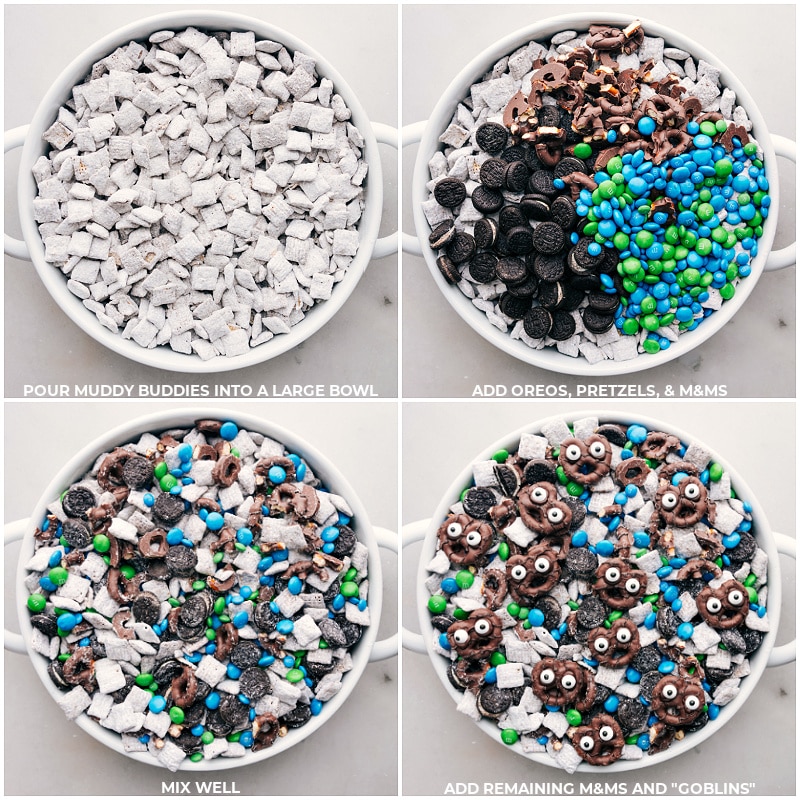 These Goblin Goodies (Halloween Muddy Buddies) are a fun Halloween treat, bursting with rich flavors of chocolate and peanut butter, complemented by the crunch of cereal, Oreos, and M&M's. It's a sPoOky and delicious snack mix you won't want to miss! Recipes via ChelseasMessyApron.com #halloween #oreos #M&Ms #ches #muddybuddies #snackmix Process shots Goblin Goodies (Halloween Muddy Buddies): Pour cereal mix into a large bowl; add the mix-ins and mix well; add remaining M&M's and Goblins.
