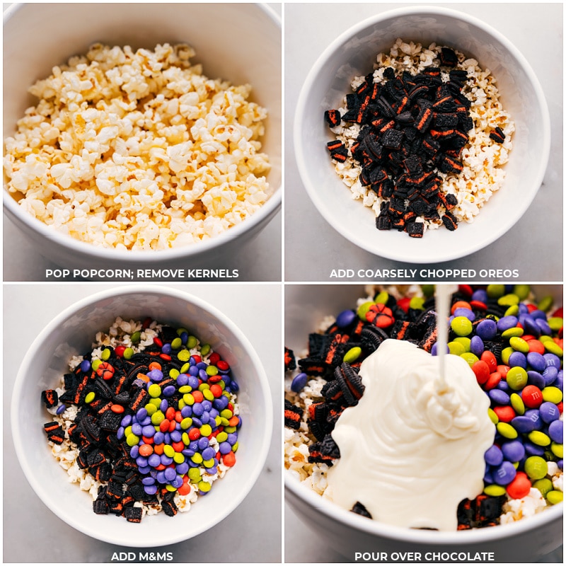 Imagine freshly popped popcorn coated in creamy white chocolate, dotted with crunchy M&M's, and decked out with festive Oreos. Beyond being insanely delicious, it also stands out as a great party centerpiece! Recipe via ChelseasMessyApron.com #halloween #popcorn #treats #M&Ms #Oreos #kidfavorite #whitechocolate Process shots: Pop popcorn and remove unpopped kernels; add chopped cookies and candies; pour melted white chocolate over top.