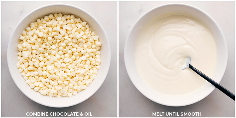 Halloween Popcorn is the go-to treat for Halloween, packed with fun and flavor! Imagine freshly popped popcorn coated in creamy white chocolate, dotted with crunchy M&M's, and decked out with festive Oreos. Beyond being insanely delicious, it also stands out as a great party centerpiece! Recipe via ChelseasMessyApron.com #halloween #popcorn #treats #M&Ms #Oreos #kidfavorite #whitechocolate Process shots: combine chocolate and oil; melt until smooth