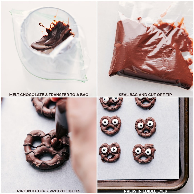 These Goblin Goodies (Halloween Muddy Buddies) are a fun Halloween treat, bursting with rich flavors of chocolate and peanut butter, complemented by the crunch of cereal, Oreos, and M&M's. It's a sPoOky and delicious snack mix you won't want to miss! Recipes via ChelseasMessyApron.com #halloween #oreos #M&Ms #ches #muddybuddies #snackmix Process shots: Melt chocolate and transfer to a plastic bag; seal and cut tip off the bag; pipe chocolate onto the pretzels; add edible eyes.
