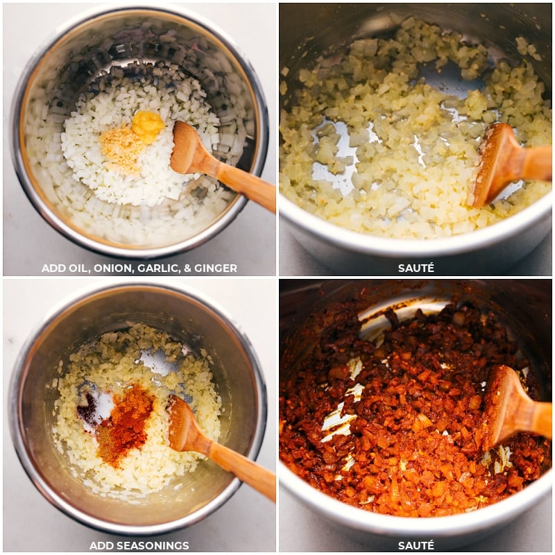 Sautรฉing aromatic ingredients and seasonings in Instant Pot Combining oil, onion, garlic, ginger, and seasonings in the instant pot, initiating the sautรฉing process.