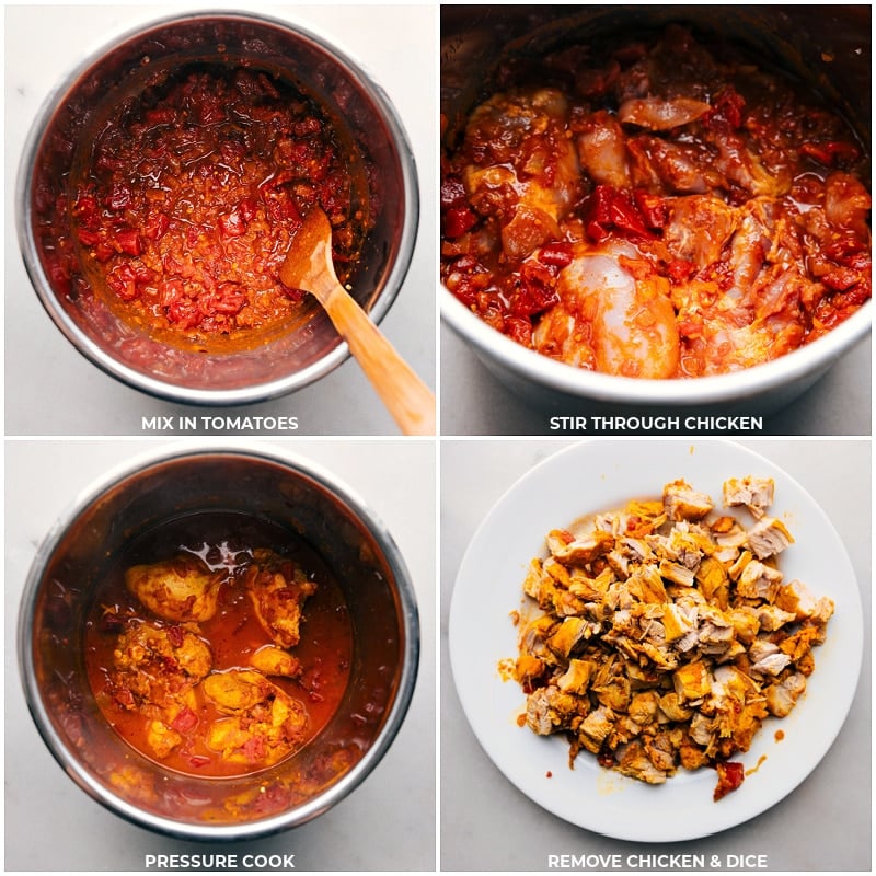 Process of integrating tomatoes, pressure cooking chicken, and post-cook dicing Tomatoes stirred into the mixture, chicken added and pressure-cooked, followed by removal and dicing.