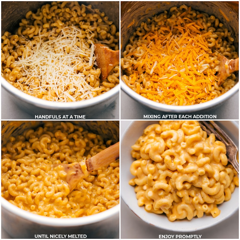 The best Instant Pot Mac and Cheese! Creamy, indulgently rich, and bursting with cheesy goodness, it's comfort food made effortlessly fast! Recipe via chelseasmessyapron #dinner #quick #easy #simple #familyfriendly #kidfriendly #comfortfood #cheesy #instantpot #macandcheese Process shots of instant pot Mac and cheese-- images of the cheese being added and it all being enjoyed