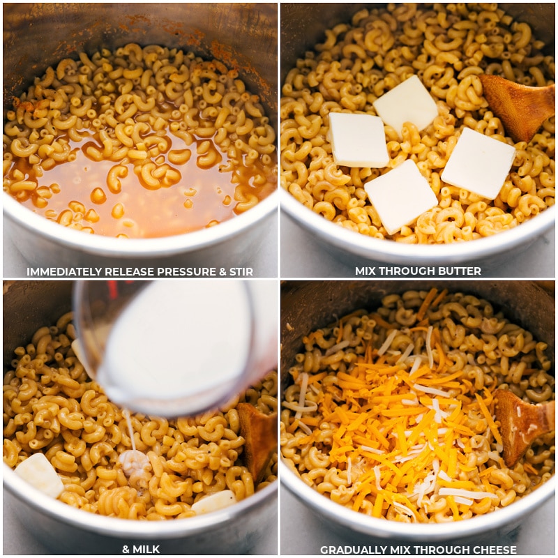Instant Pot Mac and Cheese! Creamy, indulgently rich, and bursting with cheesy goodness, it's comfort food made effortlessly fast! Recipe via chelseasmessyapron #dinner #quick #easy #simple #familyfriendly #kidfriendly #comfortfood #cheesy #instantpot #macandcheese Process shots-- images of the butter, milk, and cheese being mixed through the dish
