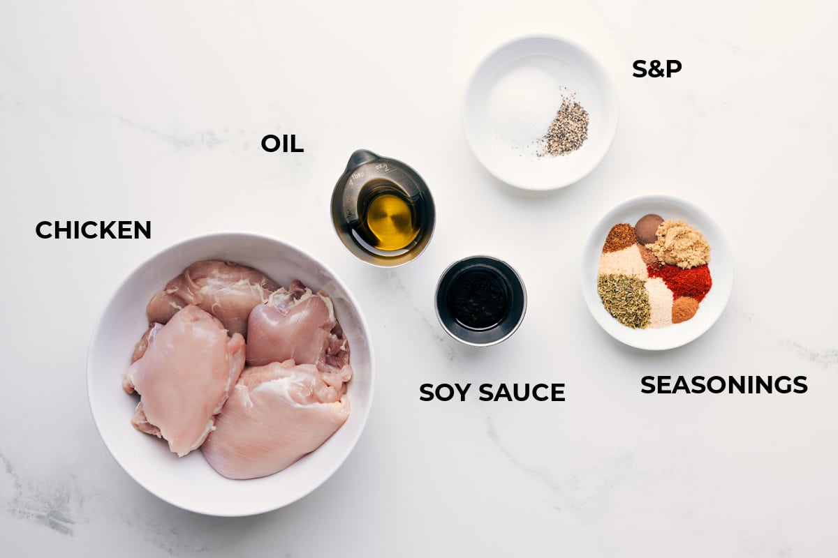 Ingredients In Jerk Chicken Recipe Prepped ingredients for easy assembly including meat, oil, soy sauce, and seasonings.