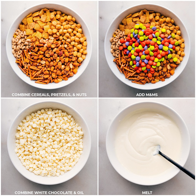 How To Make Monster Munch Combine cereals, pretzels and nuts; add M&M's; combine white chocolate and oil; melt to create a smooth mixture for this monster munch.