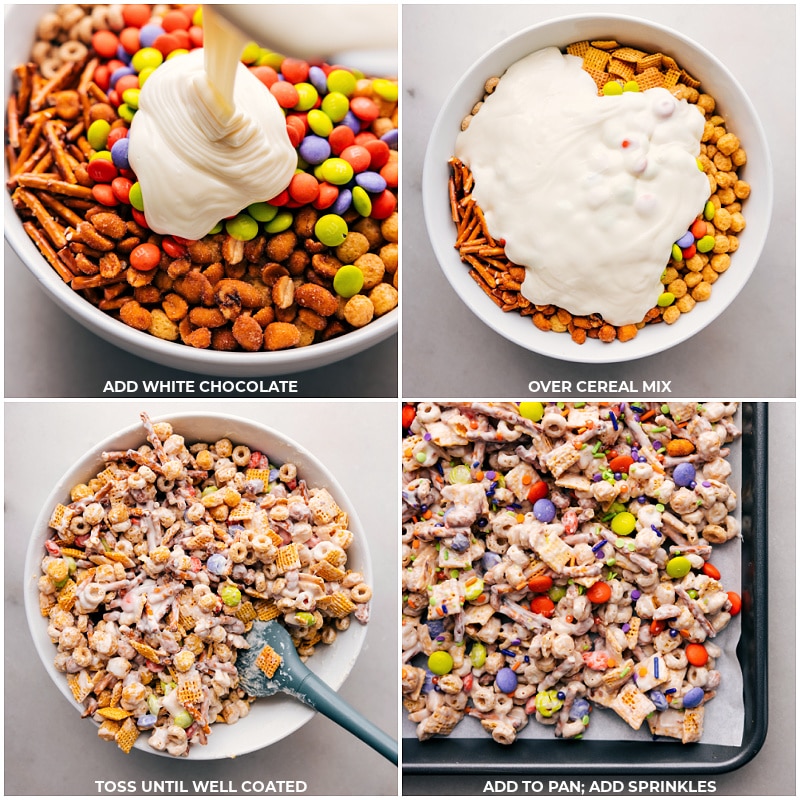 White Chocolate Covered Monster Munch Halloween Add white chocolate to the snack mix; toss until well coated; add to pan; top with sprinkles.