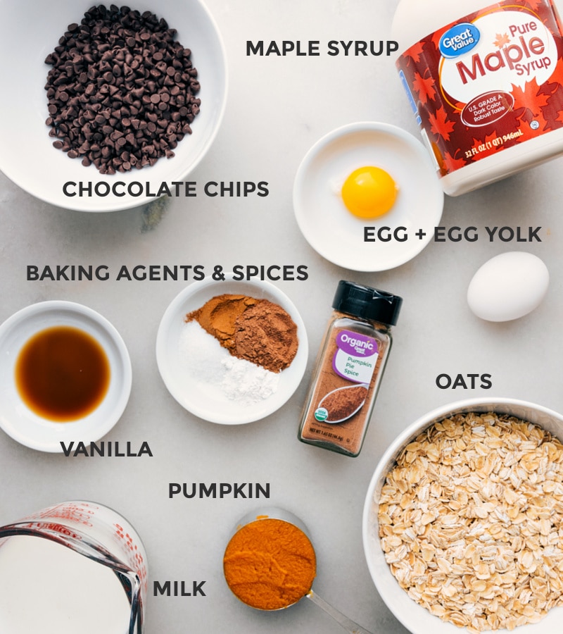 Pumpkin Baked Oatmeal blends together rich pumpkin flavors and fragrant spices with the natural sweetness of maple syrup and hints of chocolate. Recipe via chelseasmessyapron #breakfast #quick #easy #simple #treat #chocolatechips #baked #pumpkin #oatmeal Ingredient shot-- image of all the ingredients used in this recipe