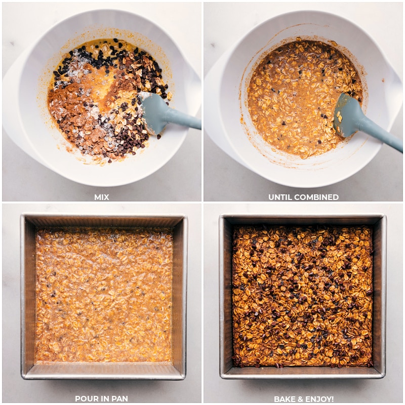 Pumpkin Baked Oatmeal! It's the perfect effortless breakfast dish to bring those fall vibes to your mornings! Recipe via chelseasmessyapron #breakfast #quick #easy #simple #treat #chocolatechips #baked #pumpkin #oatmeal Process shots-- images of the mixture being mixed together and then poured in the pan and it all being baked
