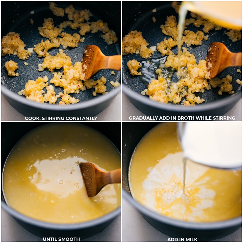 Sausage, Corn, & Spinach Orzo! The dish is hearty, flavorful, and super comforting with a risotto-like creaminess. Recipe via chelseasmessyapron #dinner #quick #easy #simple #familyfriendly #kidfriendly #comfortfood #sausage #corn #spinach #orzo Process shots of Sausage, Corn, and Spinach Orzo-- images of the cream sauce being made