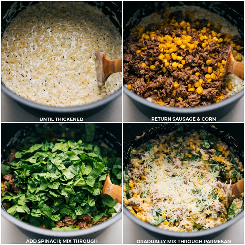 This crazy delicious Sausage, Corn, and Spinach Orzo combines savory Italian sausage, sweet corn, and fresh spinach, all enveloped in a creamy, rich sauce jazzed up with Italian seasonings and Parmesan cheese. The dish is hearty, flavorful, and super comforting with a risotto-like creaminess. Recipe via chelseasmessyapron #dinner #quick #easy #simple #familyfriendly #kidfriendly #comfortfood #sausage #corn #spinach #orzo Process shots of Sausage, Corn, and Spinach Orzo-- images of the sausage and corn being added back into the pot along with spinach and Parmesan