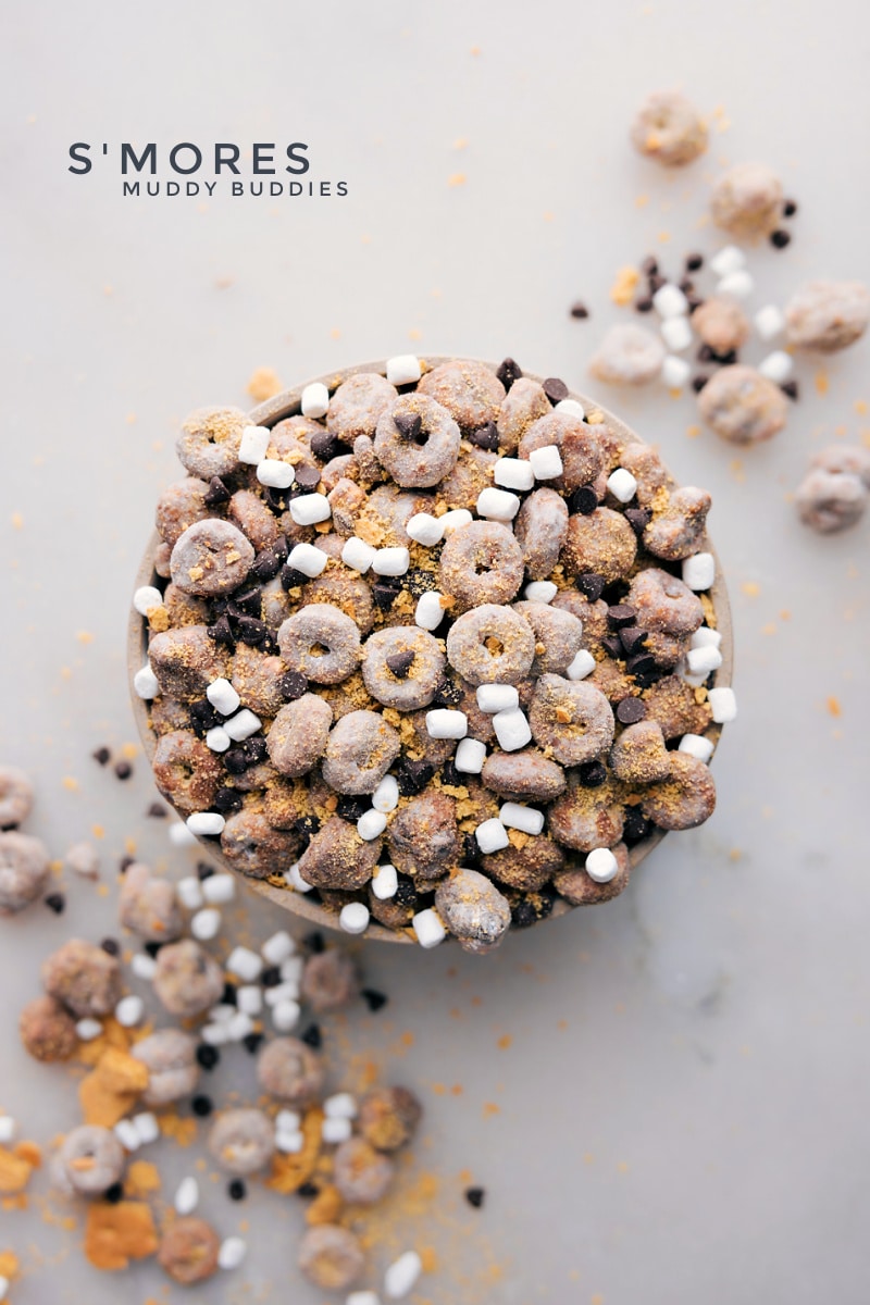 S'mores Muddy Buddies in a bowl ready to be served and enjoyed.