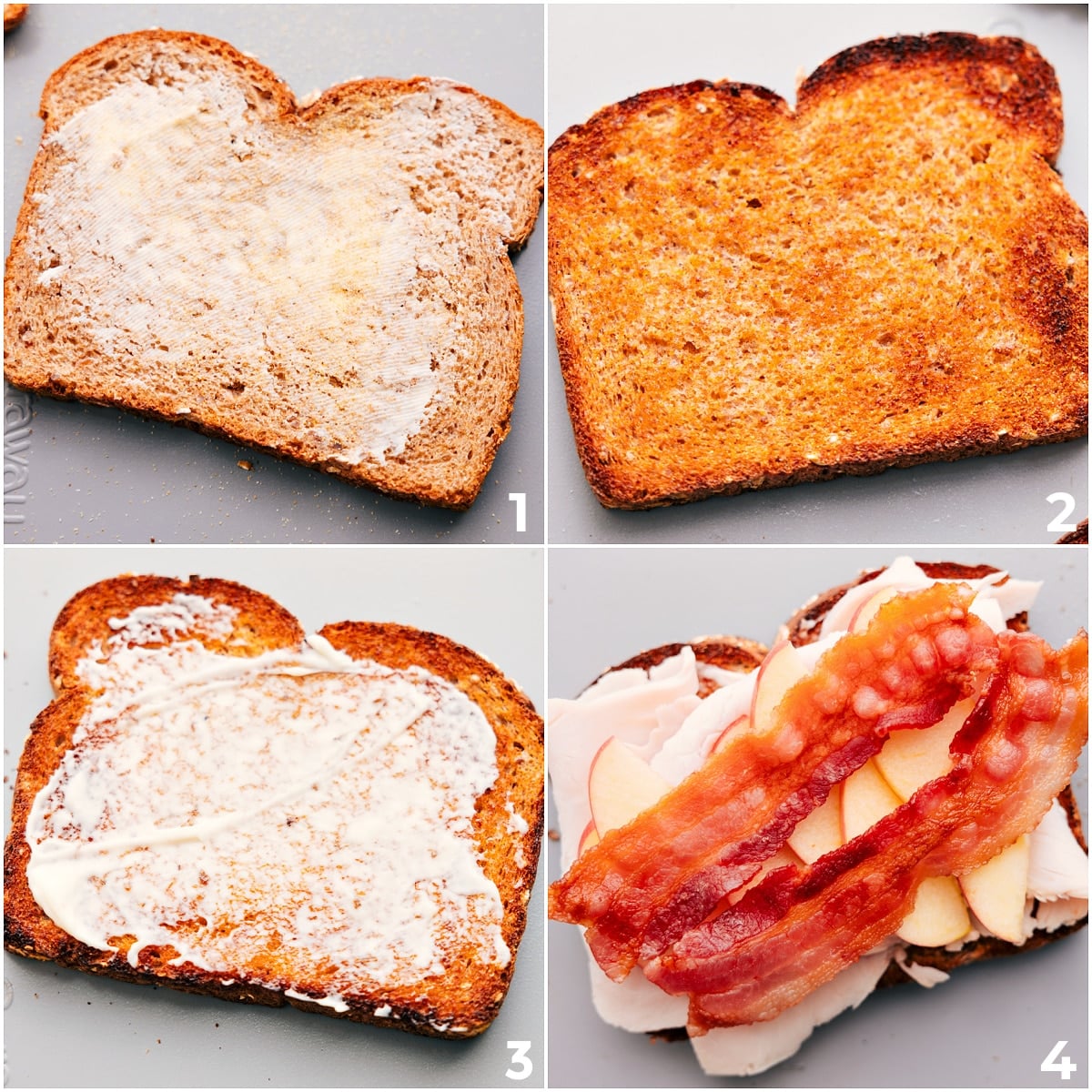 How To Make A Turkey Sandwich Layer the ingredients in the bread, starting with butter and garlic powder, then broil. Next, add mayo, turkey, apples, and bacon for the turkey sandwich.